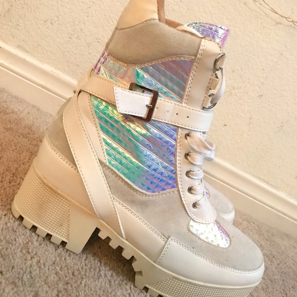 Fashion Nova Shoes - White & Iridescent Combat Style Boot